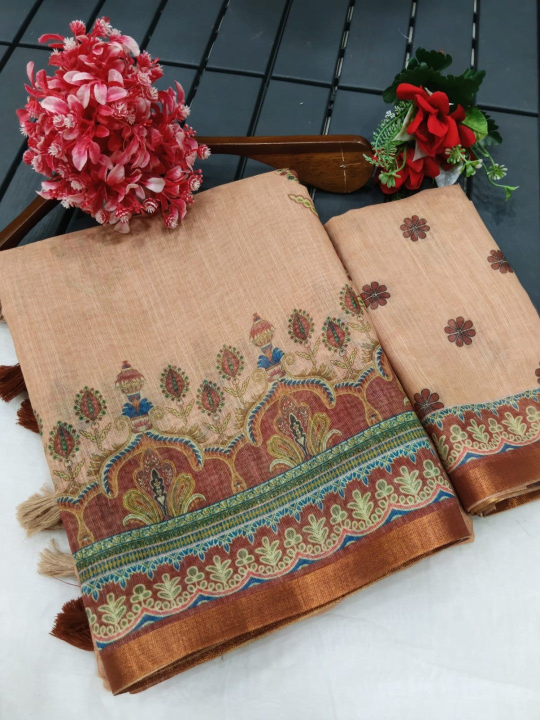 Graceful Chikoo Linen Saree with Elegant Prints for Daily & Festive Wear - Image 3
