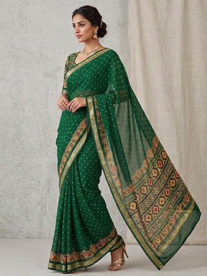 Elegant Green Georgette Saree with Viscose Border and Traditional Print - Image 1
