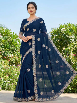 Rama Blue Georgette Saree with Embroidered Motifs and Border - Image 1
