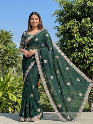 Elegant Green Georgette Saree with Embroidered Motifs Border - Image 1