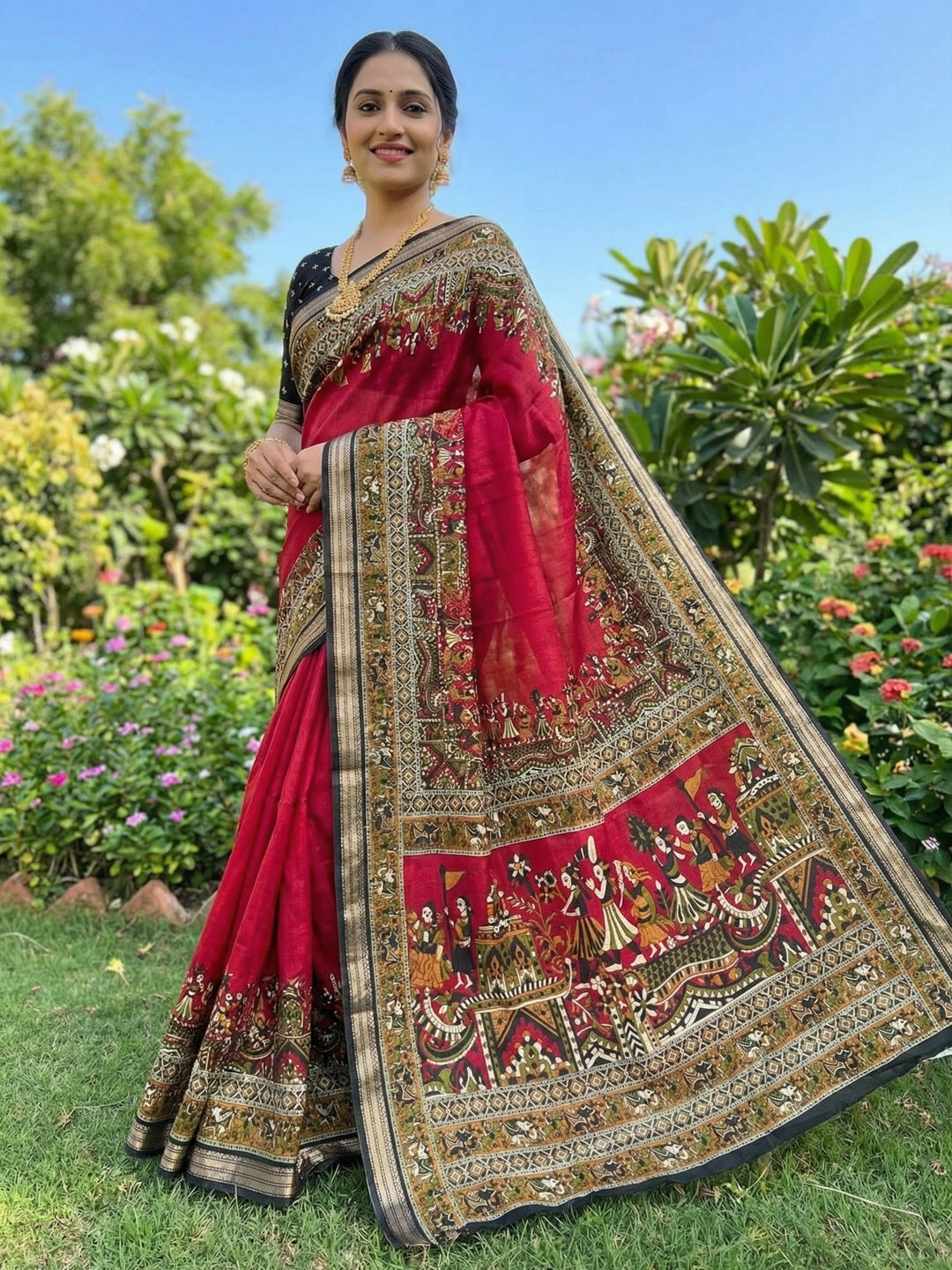Red Viscose Saree with Kalamkari Print and Jari Border and Fine Finish - Image 1