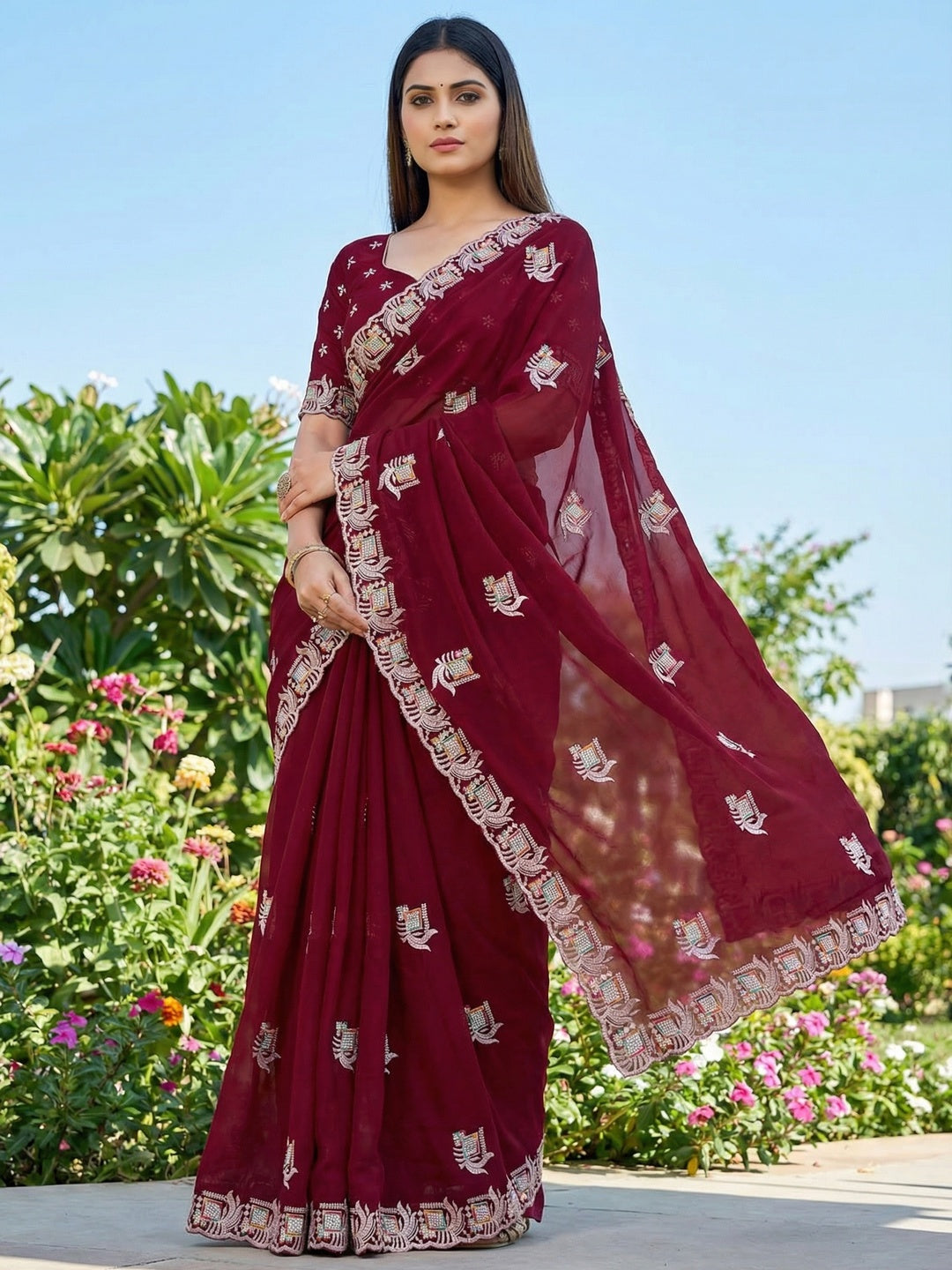 Maroon Georgette Saree with Embroidered Design and Stone Work - Image 1
