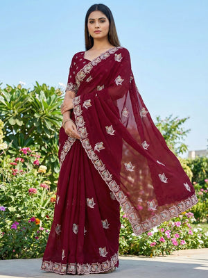 Maroon Georgette Saree with Embroidered Design and Stone Work - Image 1