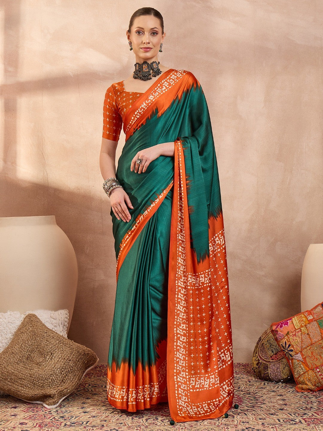 Graceful Green Satin Saree Featuring Orange Ethnic Print Border - Image 1