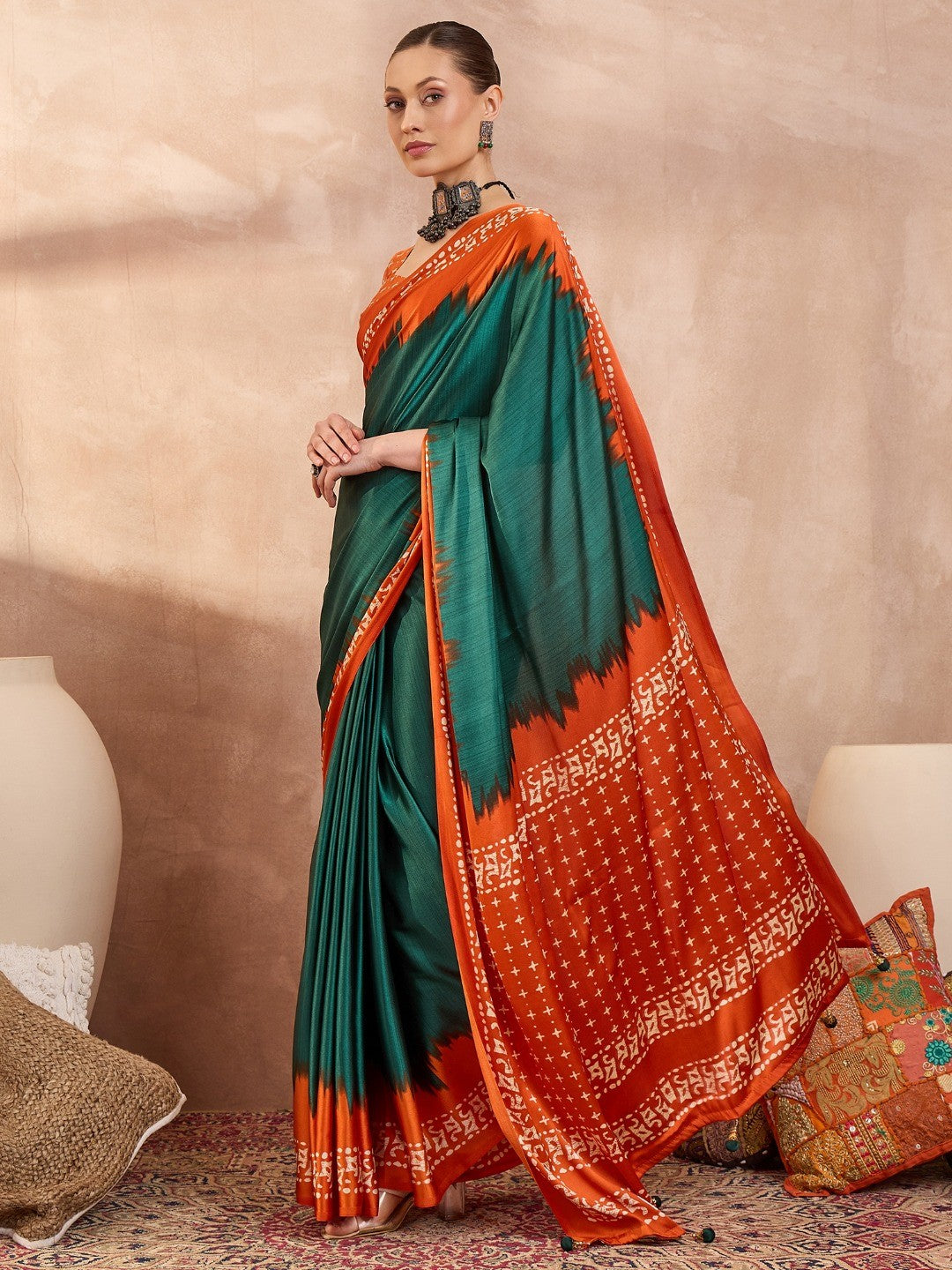 Graceful Green Satin Saree Featuring Orange Ethnic Print Border - Image 2