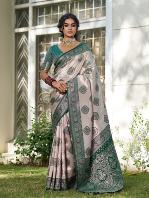 Graceful Cream & Green Floral Weaving Silk Blend Saree Enhanced With Designer Tassel Pallu - Image 1