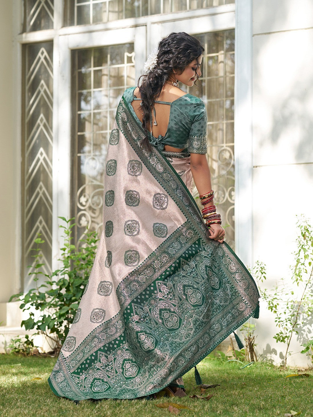 Graceful Cream & Green Floral Weaving Silk Blend Saree Enhanced With Designer Tassel Pallu - Image 7