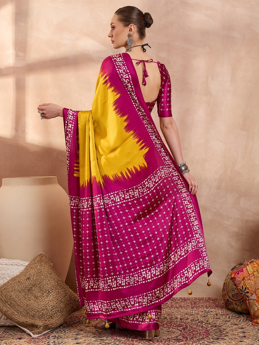 Graceful Yellow Satin Saree Featuring Rich Magenta Border - Image 7