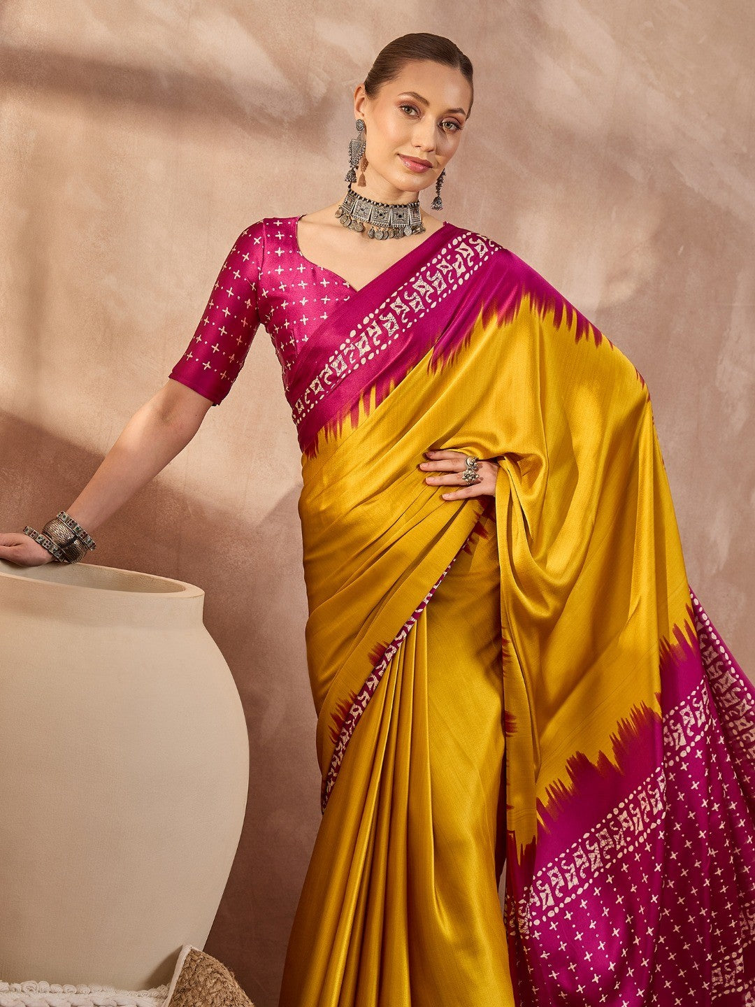 Graceful Yellow Satin Saree Featuring Rich Magenta Border - Image 3