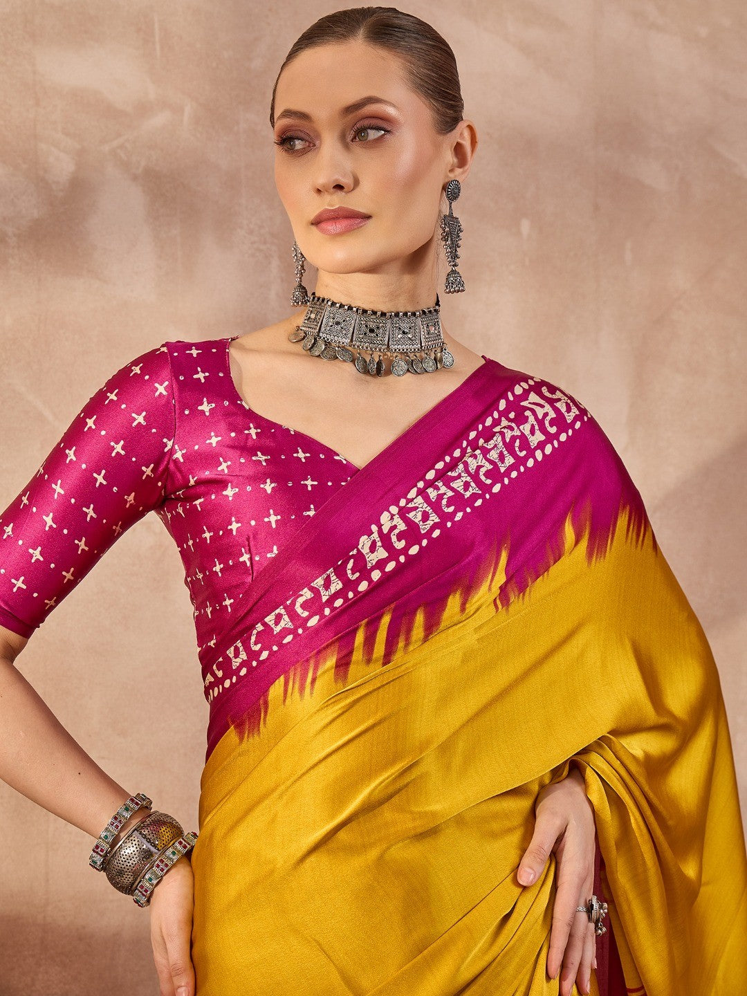 Graceful Yellow Satin Saree Featuring Rich Magenta Border - Image 2