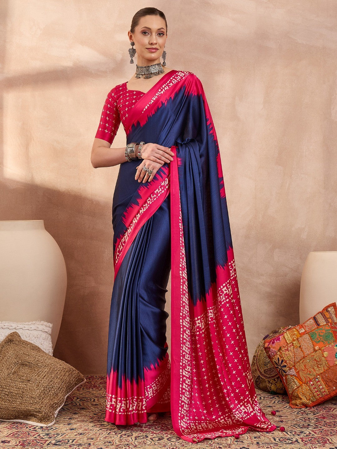 Graceful Blue Satin Saree with Soft Pink Highlights and Printed Border - Image 1