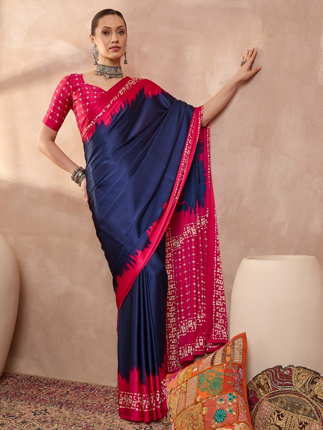 Graceful Blue Satin Saree with Soft Pink Highlights and Printed Border - Image 4