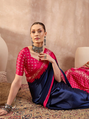 Graceful Blue Satin Saree with Soft Pink Highlights and Printed Border - Image 2
