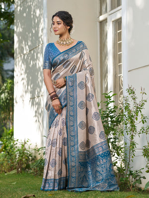 Graceful Cream & Blue Floral Weaving Silk Blend Saree Enhanced With Designer Tassel Pallu - Image 1