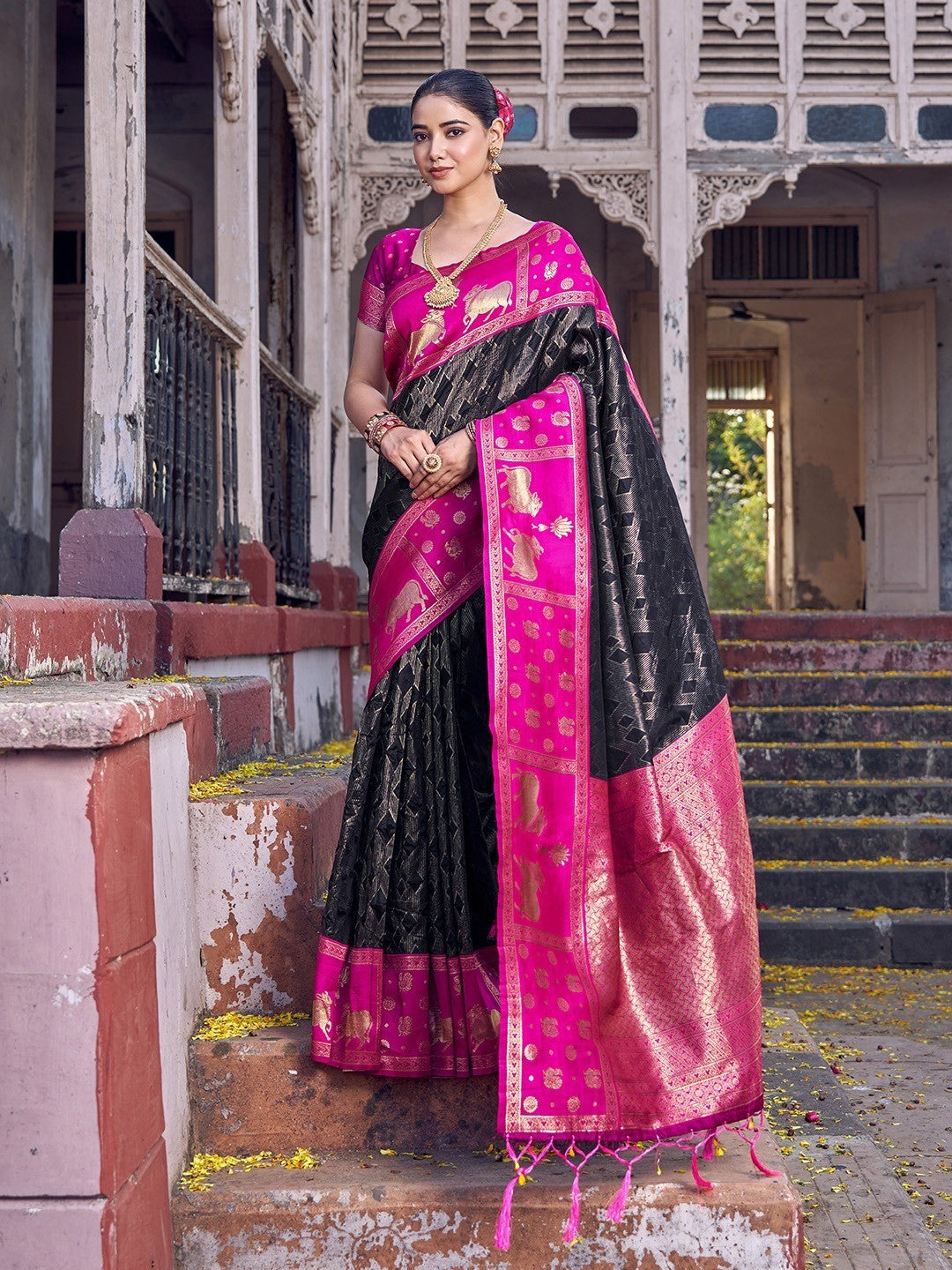 Premium Black Geometric & Animal Motif Weaving Saree With Decorative Tassel Pallu - Image 1
