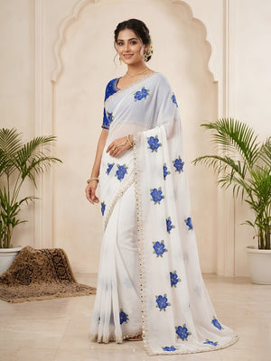 Elegant White Chinon Saree with Blue Floral Embroidery & Mirror Work - Image 1
