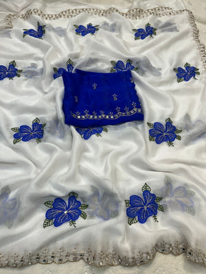 Elegant White Chinon Saree with Blue Floral Embroidery & Mirror Work - Image 2