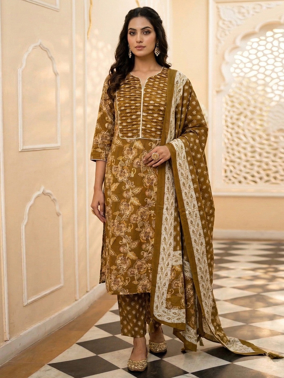 Ochre Mustard Floral Print Pure Cotton Salwar Suit with Dupatta for Festive Occasions - Image 1
