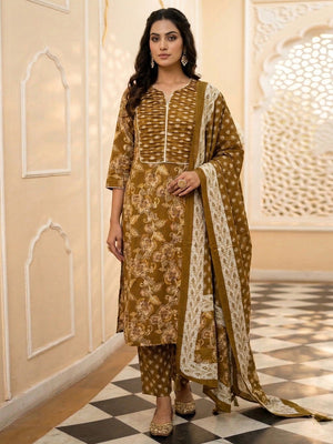 Ochre Mustard Floral Print Pure Cotton Salwar Suit with Dupatta for Festive Occasions - Image 1
