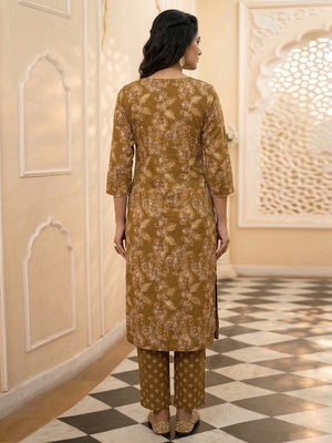 Ochre Mustard Floral Print Pure Cotton Salwar Suit with Dupatta for Festive Occasions - Image 2