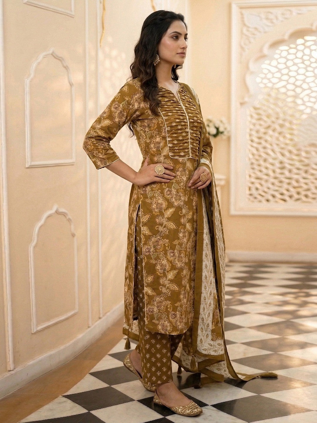 Ochre Mustard Floral Print Pure Cotton Salwar Suit with Dupatta for Festive Occasions - Image 4