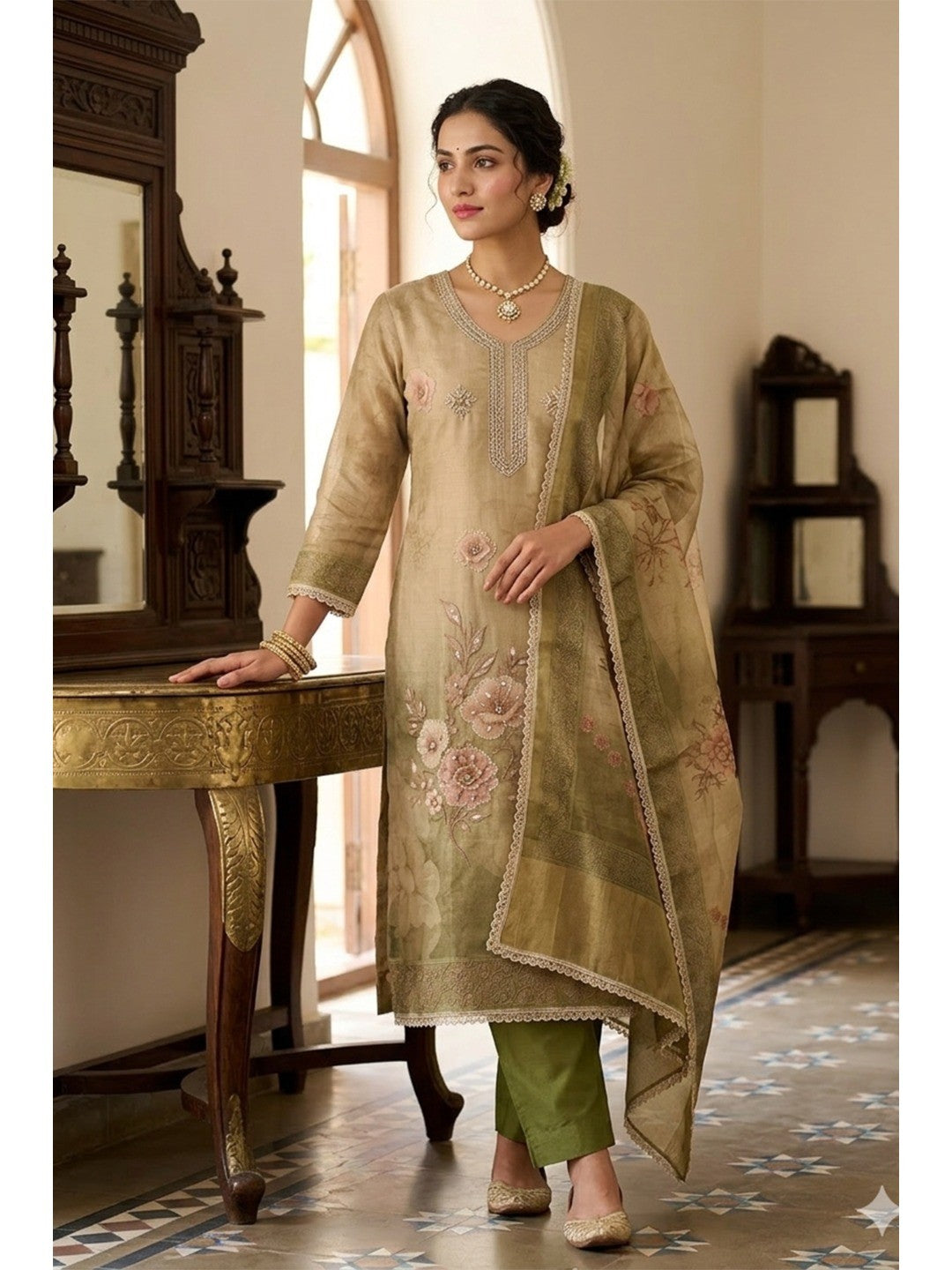Green Floral Cotton Silk Dress Material with Embroidered Neck - Image 1