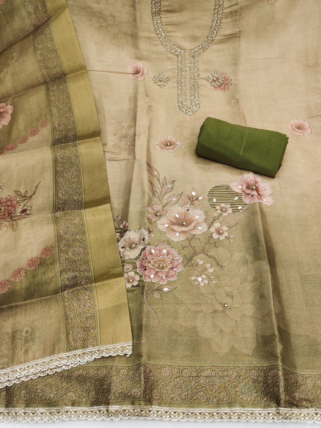 Green Floral Cotton Silk Dress Material with Embroidered Neck - Image 3