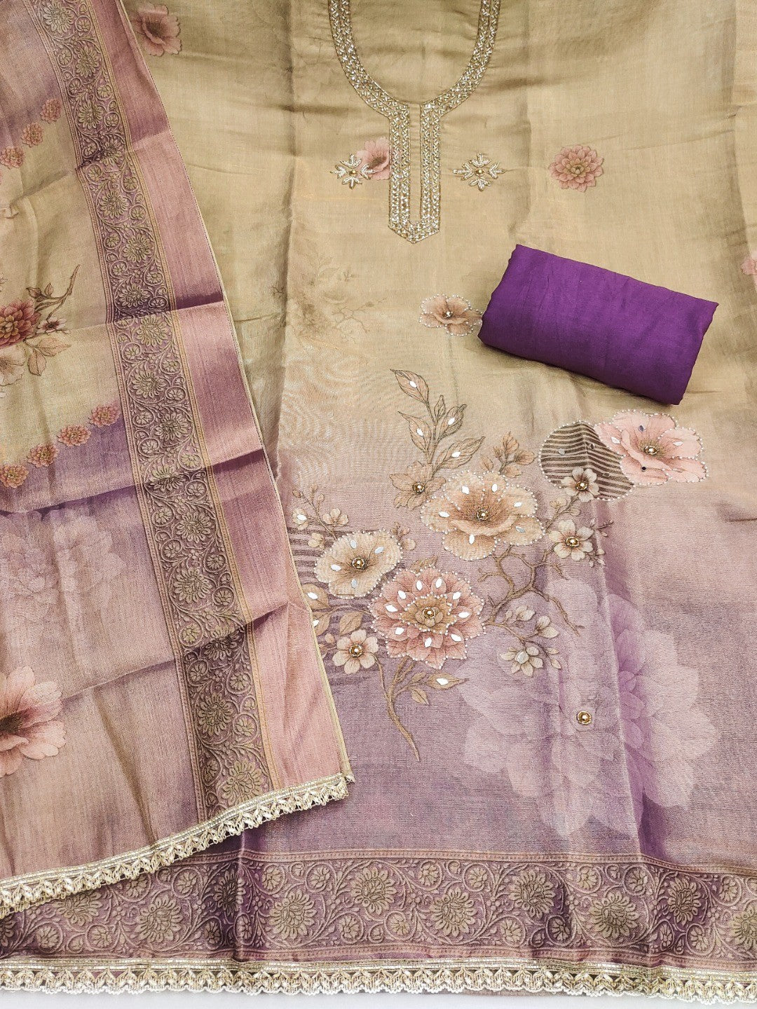 Purple Floral Cotton Silk Dress Material with Embroidered Neck - Image 3