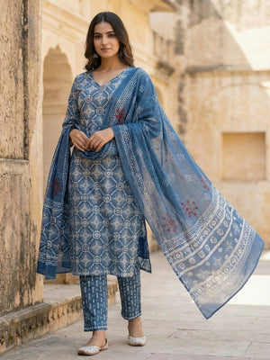 Blue Jaipuri Print Cotton Straight Cut Salwar Suit with Dupatta for Festive Occasions - Image 1