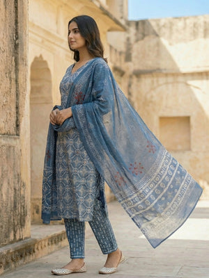 Blue Jaipuri Print Cotton Straight Cut Salwar Suit with Dupatta for Festive Occasions - Image 2