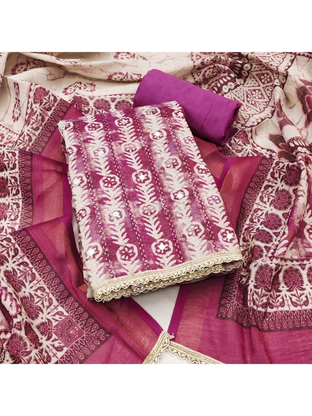 Purple Linen Dress Material with Printed Design and Lace Detail - Image 5