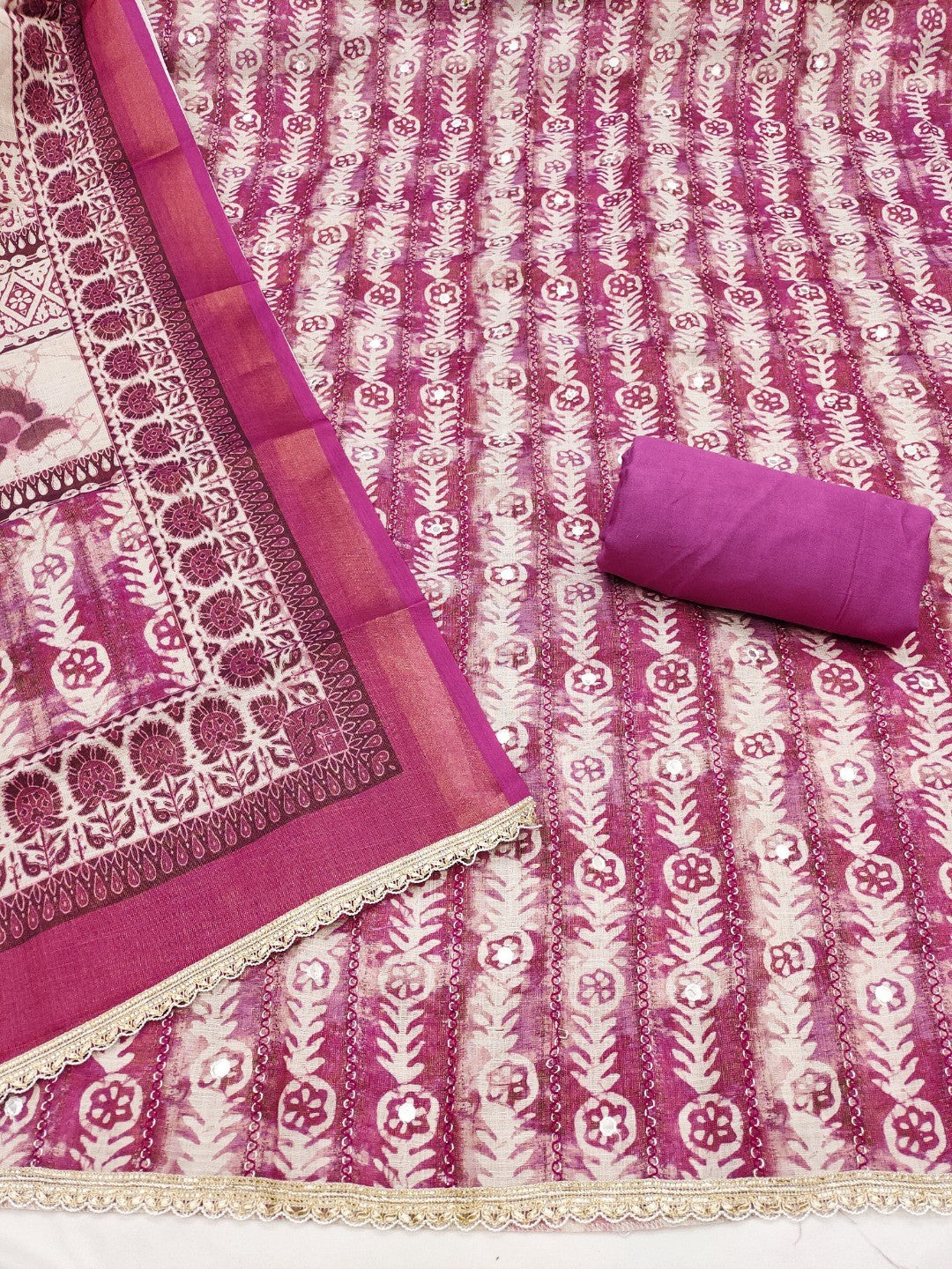 Purple Linen Dress Material with Printed Design and Lace Detail - Image 3