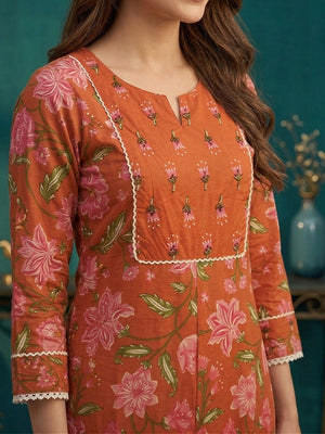 Rust Jaipuri Floral Print Pure Cotton Kurta Salwar Set with Traditional Design Appeal - Image 2