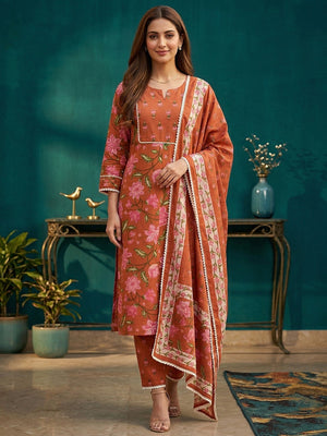 Rust Jaipuri Floral Print Pure Cotton Kurta Salwar Set with Traditional Design Appeal - Image 1