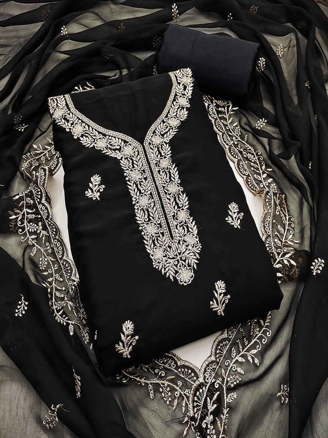 Luxe Black Floral Zari Embroidered Georgette Dress Material With Fine Artistry - Image 1