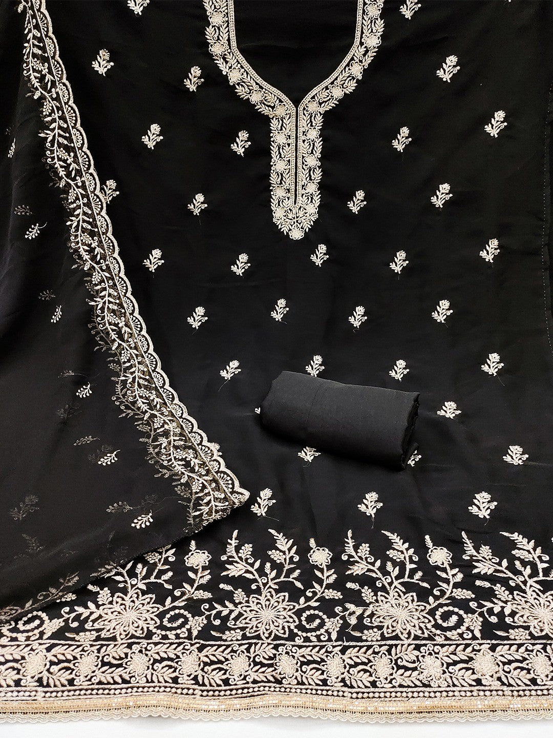 Luxe Black Floral Zari Embroidered Georgette Dress Material With Fine Artistry - Image 3