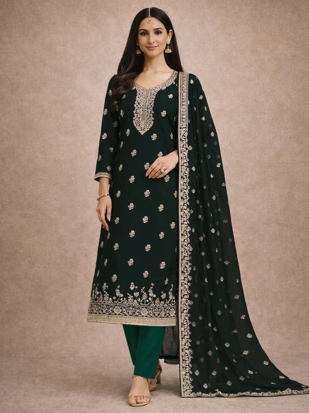 Luxe Green Floral Zari Embroidered Georgette Dress Material With Fine Artistry - Image 2