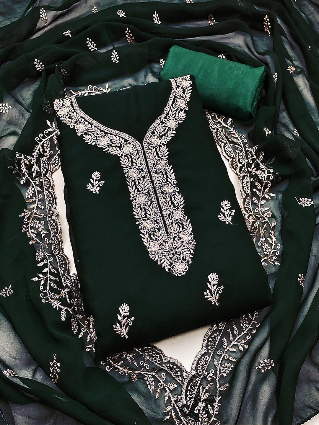 Luxe Green Floral Zari Embroidered Georgette Dress Material With Fine Artistry - Image 1