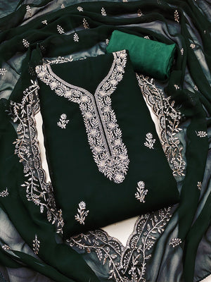 Luxe Green Floral Zari Embroidered Georgette Dress Material With Fine Artistry - Image 1
