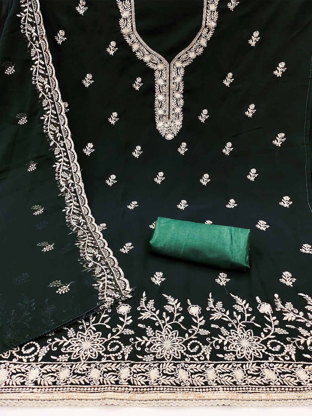 Luxe Green Floral Zari Embroidered Georgette Dress Material With Fine Artistry - Image 3