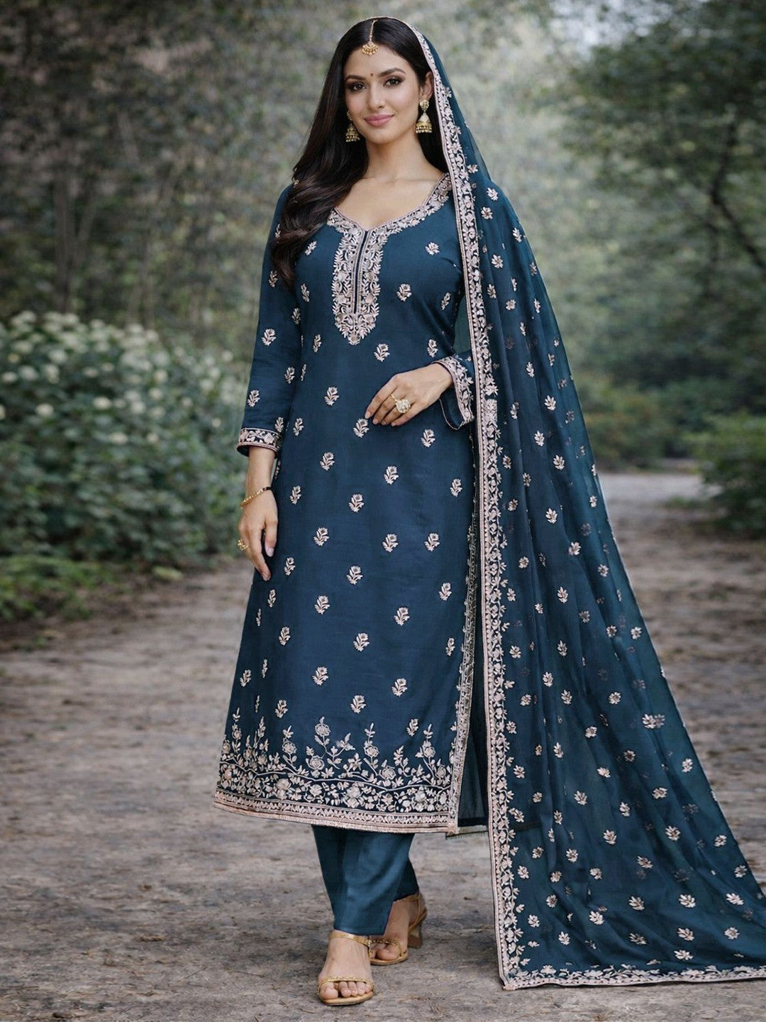 Luxe Navy Blue Floral Zari Embroidered Georgette Dress Material With Fine Artistry - Image 1