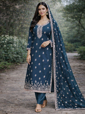 Luxe Navy Blue Floral Zari Embroidered Georgette Dress Material With Fine Artistry - Image 1