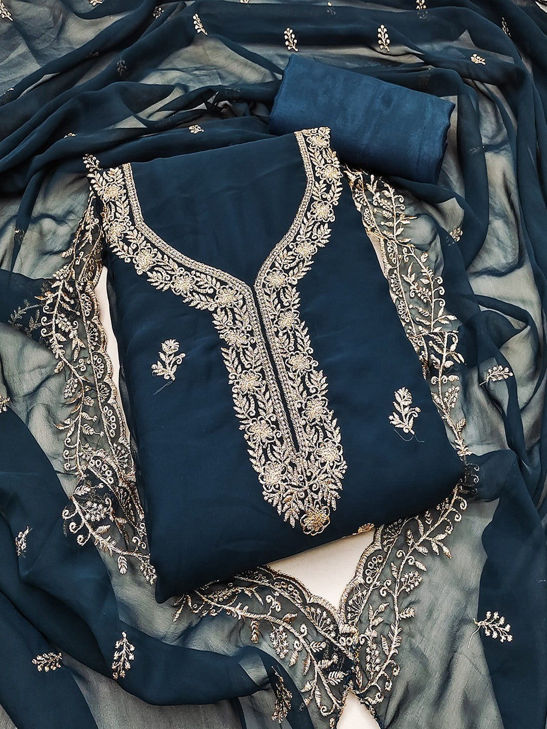 Luxe Navy Blue Floral Zari Embroidered Georgette Dress Material With Fine Artistry - Image 4