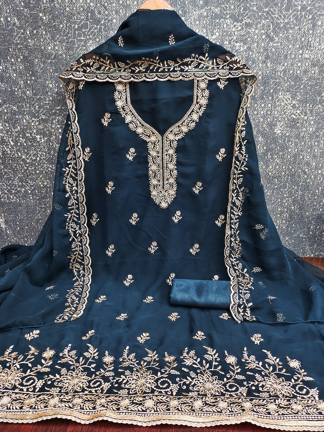 Luxe Navy Blue Floral Zari Embroidered Georgette Dress Material With Fine Artistry - Image 3