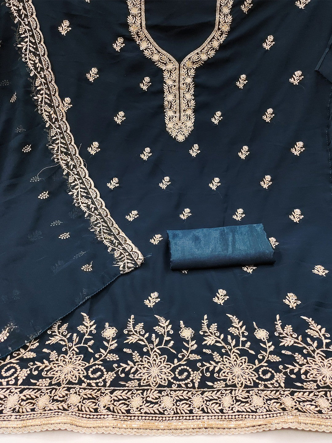 Luxe Navy Blue Floral Zari Embroidered Georgette Dress Material With Fine Artistry - Image 2