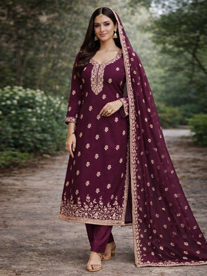 Luxe Wine Floral Zari Embroidered Georgette Dress Material With Fine Artistry - Image 2
