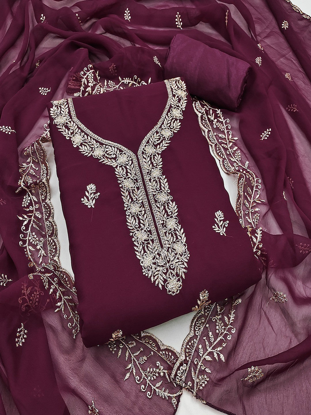 Luxe Wine Floral Zari Embroidered Georgette Dress Material With Fine Artistry - Image 1