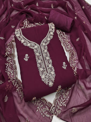 Luxe Wine Floral Zari Embroidered Georgette Dress Material With Fine Artistry - Image 1