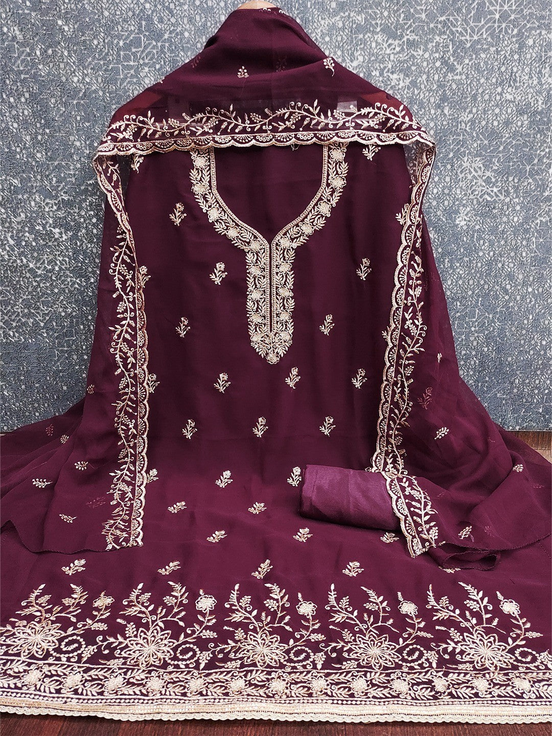 Luxe Wine Floral Zari Embroidered Georgette Dress Material With Fine Artistry - Image 4