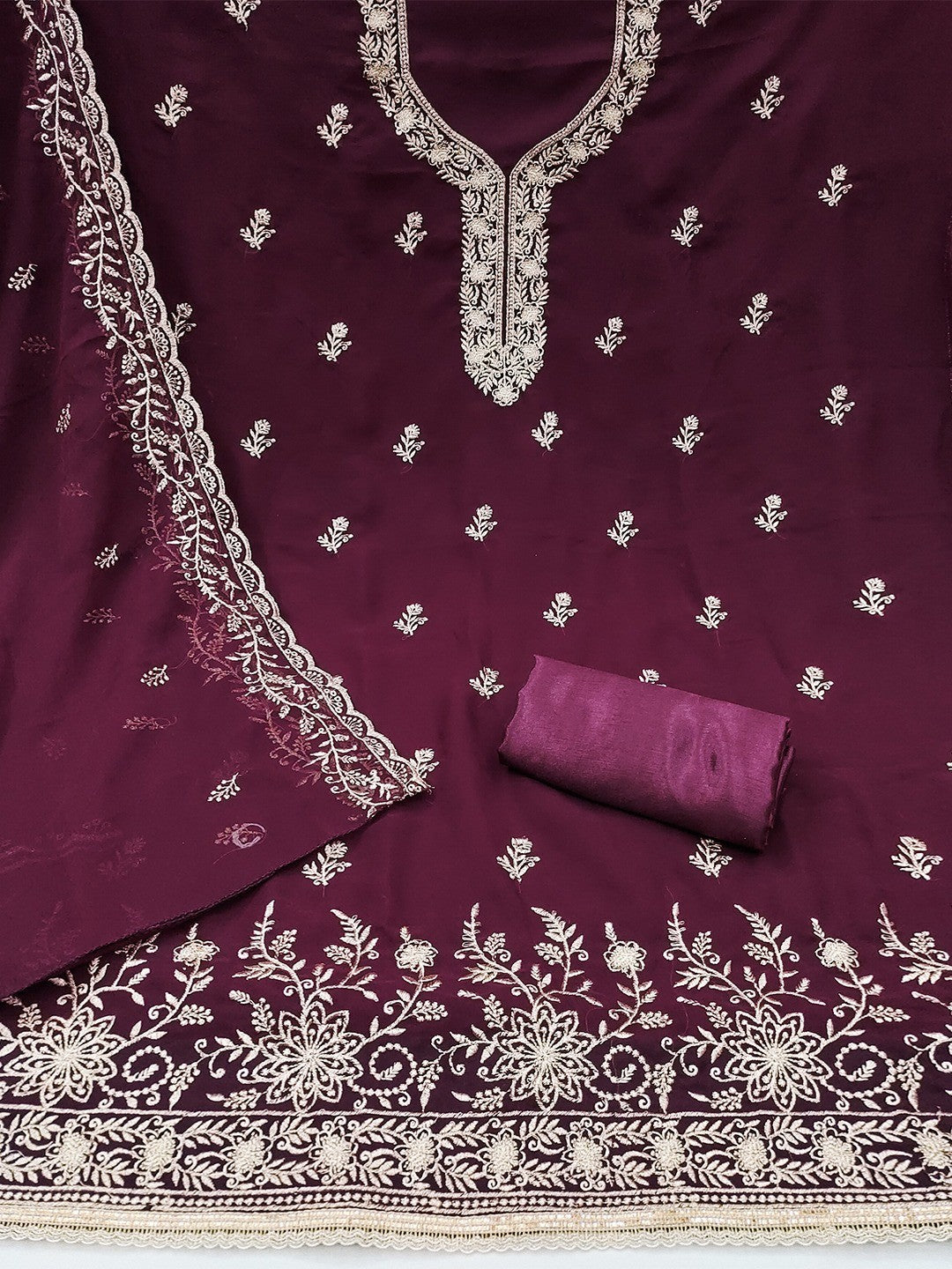 Luxe Wine Floral Zari Embroidered Georgette Dress Material With Fine Artistry - Image 3
